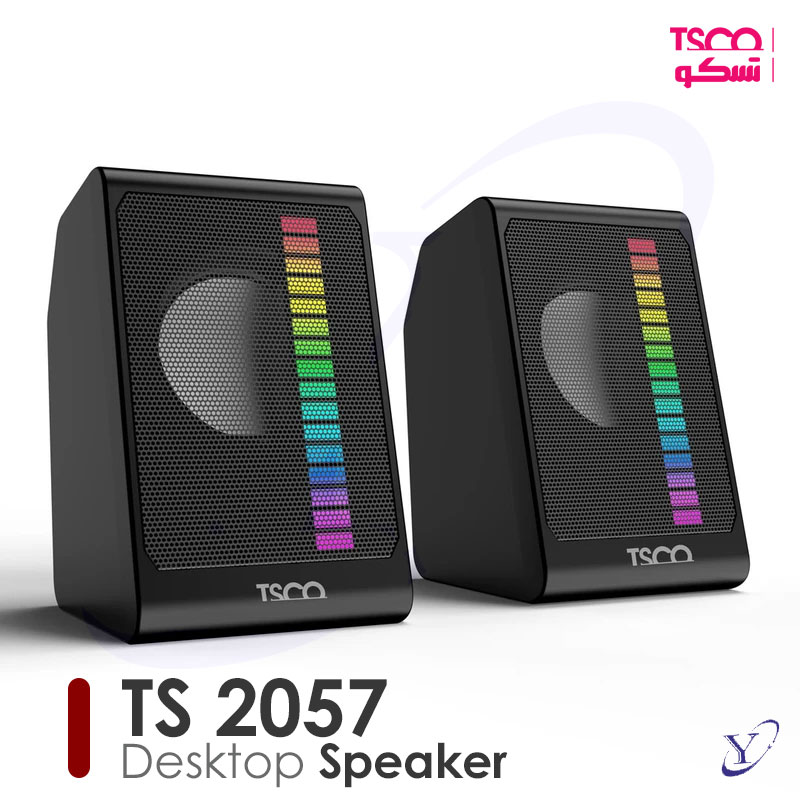 01-2057 اسپیکر دسکتاپ تسکو TS 2057 با نورپردازی RGB روشن در محیط تاریک