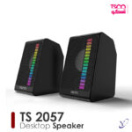 ابعاد جمع و جور اسپیکر تسکو TS 2057 در کنار لپ تاپ روی میز کار